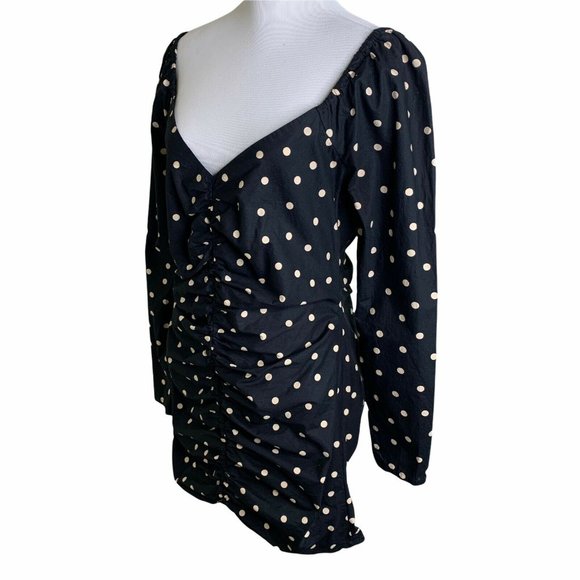 Asos Black Polka Dot Print Cotton Ruched Off The Shoulder Mini Dress Womens 10 - Picture 7 of 12